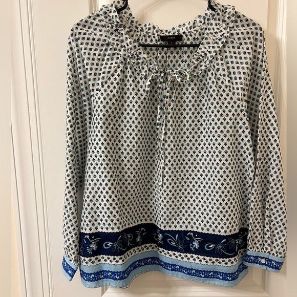 J. Crew White and Blue Ruffled 3/4 Sleeve Blouse - Picture 1 of 8